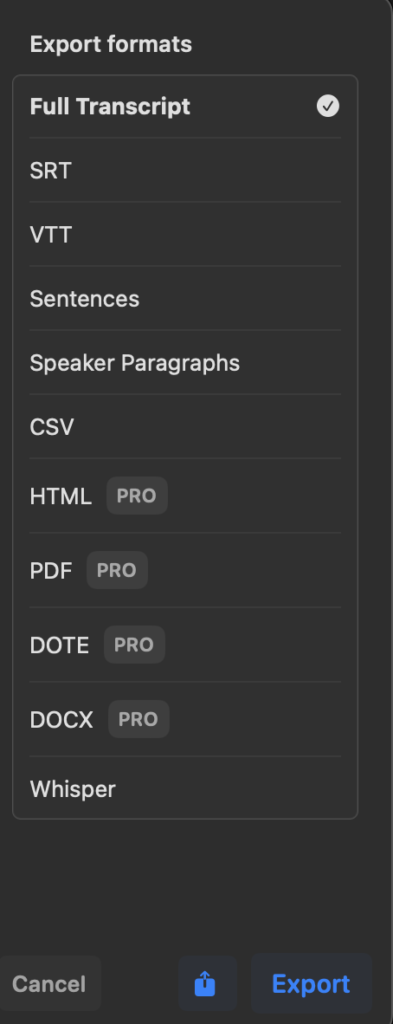UI 截圖，顯示可匯出的檔案格式有：Full Trranscript、SRT、VTT、Sentences、Speaker Paragraphs、CSV、HTML(PRO)、PDF(PRO)、DOTE(PRO)、DOCX(PRO)、Whisper
